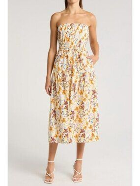 A.L.C. Clark Vibrant Multicolor Floral Strapless Cotton Midi Dress Size 2 Beach